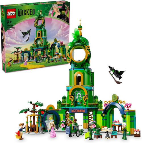 Green brick-built three-story magical tower with shops and five mini-doll characters