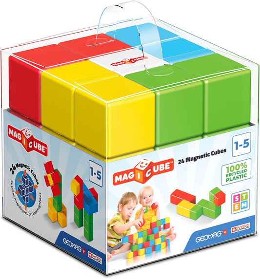Colorful magnetic stacking cubes arranged in a small tower