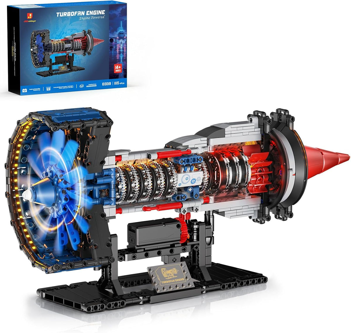 Brick-built turbofan jet engine model with exposed fan blades