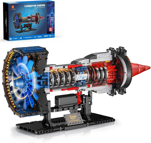 Brick-built turbofan jet engine model with exposed fan blades