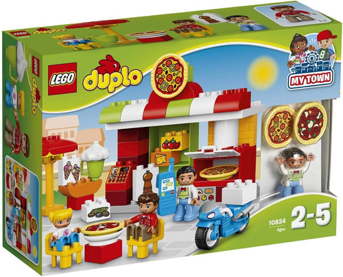 Colorful large brick pizzeria with pizza oven, delivery bike and three toddler-size figures