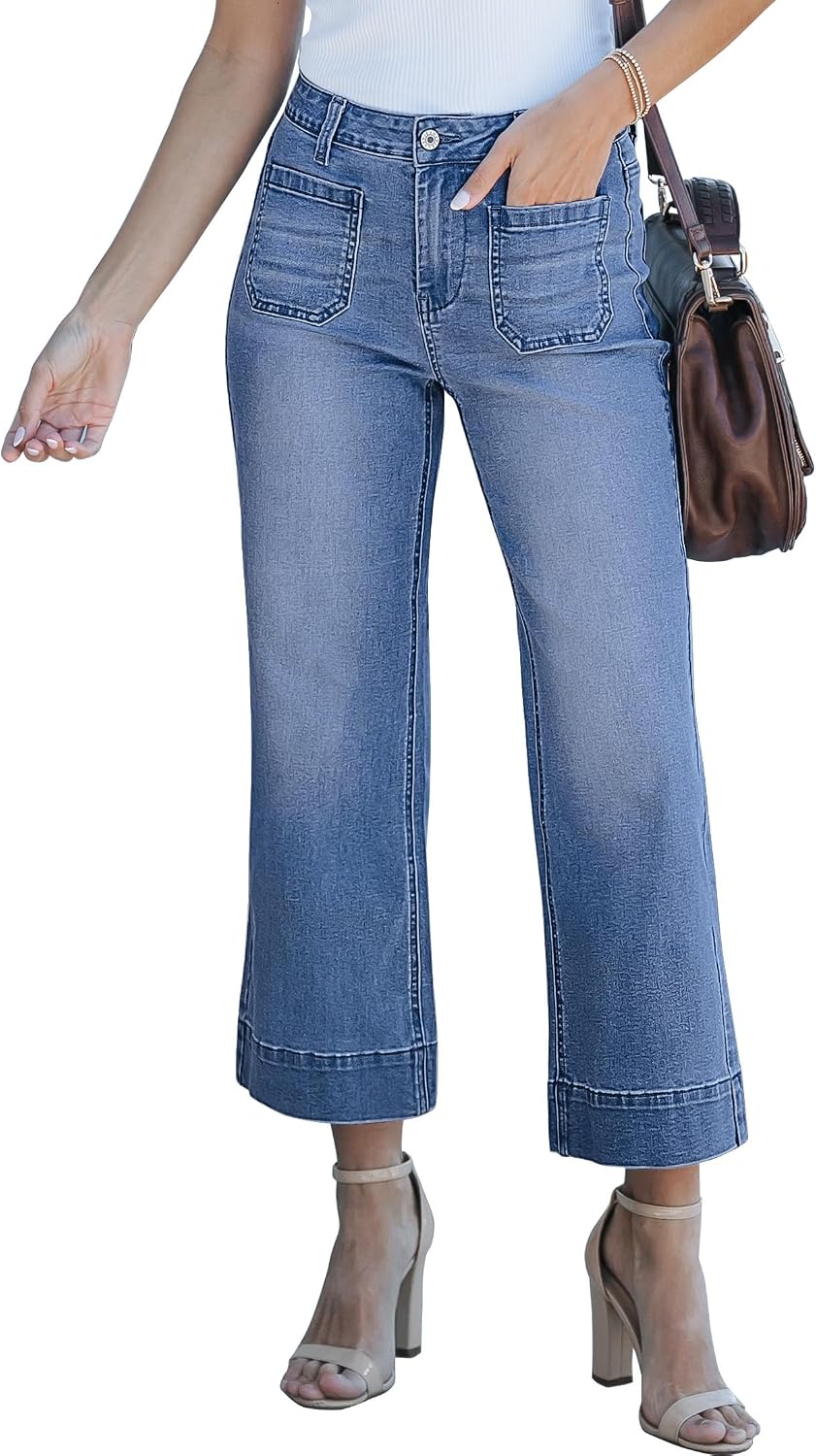 Women's Cropped Flare Jeans - High Rise Wide Leg Denim with Front Patch Pockets for Concert Outfits - Small (13)