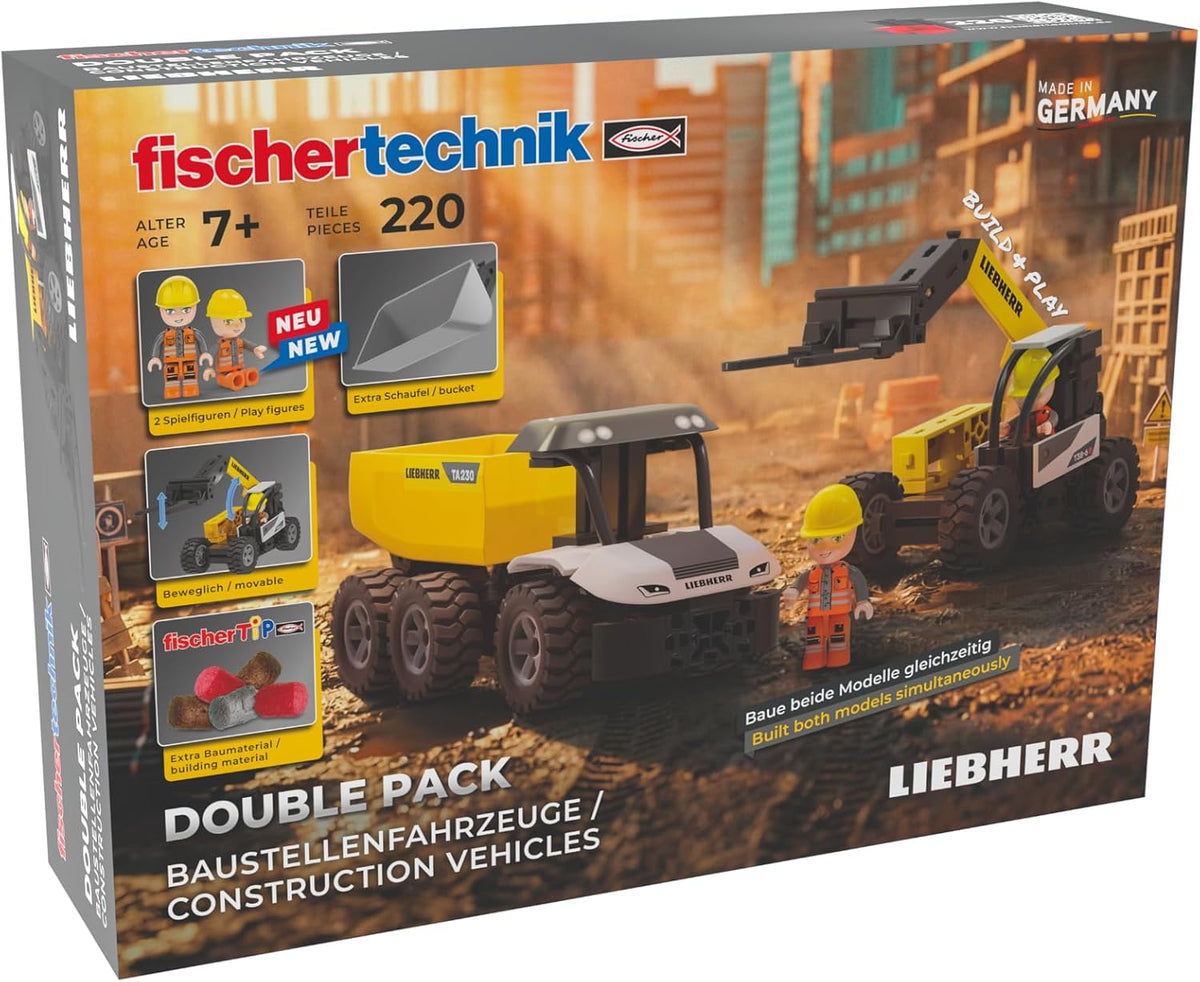 Model dump truck and telescopic loader built from a construction kit