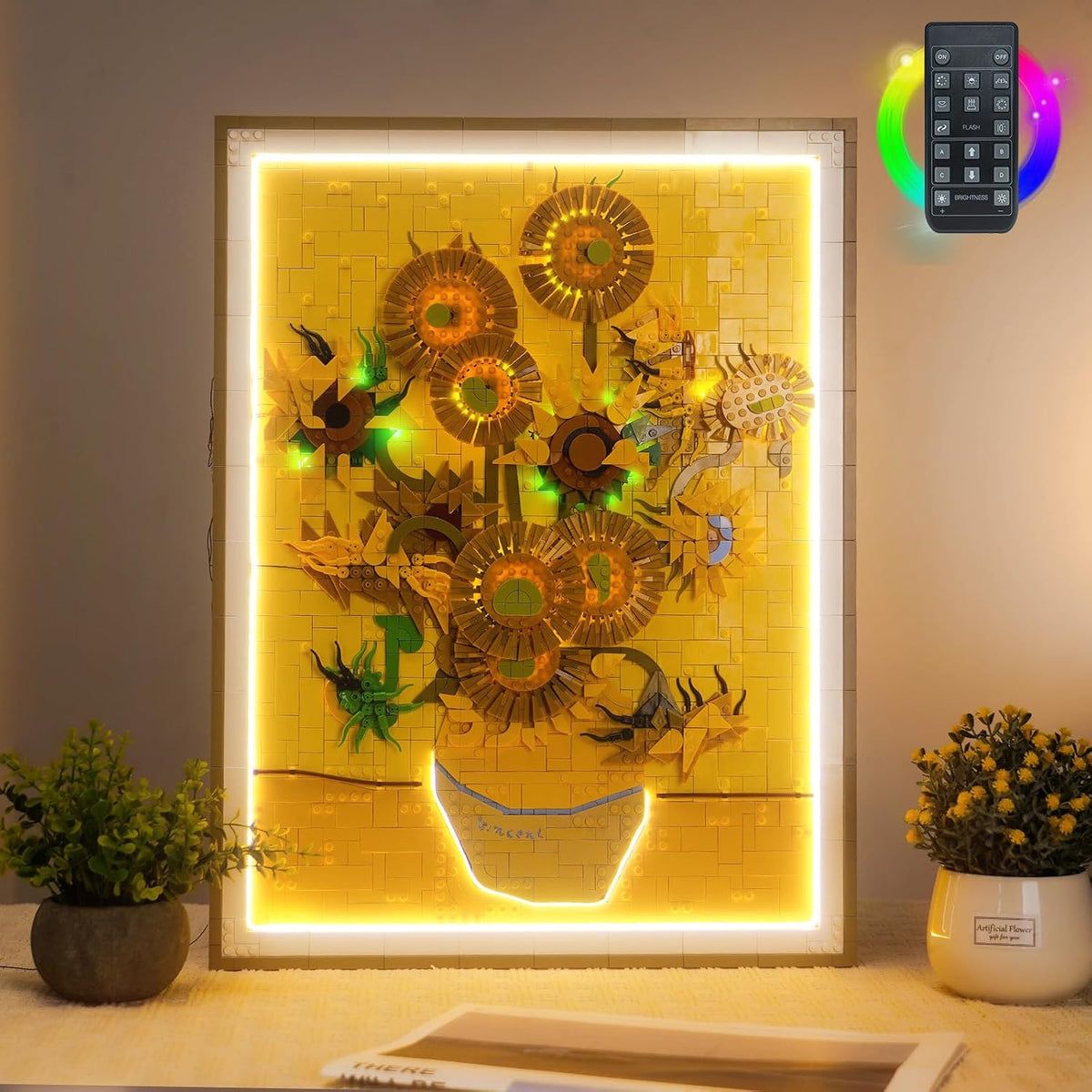 Brick-built sunflowers painting in a vase lit by LED lights