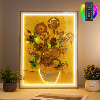 Brick-built sunflowers painting in a vase lit by LED lights