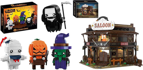 Lit Wild West saloon brick model beside Halloween pumpkin, ghost, witch and devil figures