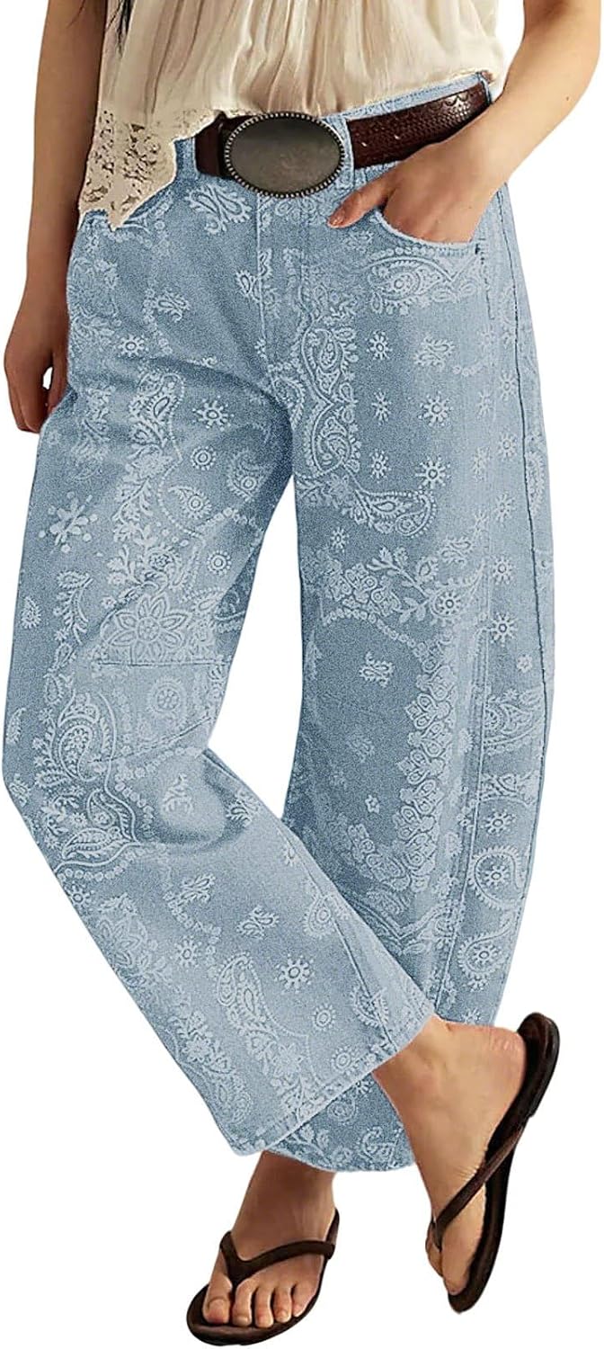 Women's Floral Print Barrel Jeans - Mid Rise Baggy Wide Leg Ankle Denim with Patchwork Detail - Small (11)