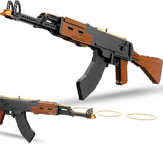 Full-size brick-built rifle model with rubber band shooting mechanism