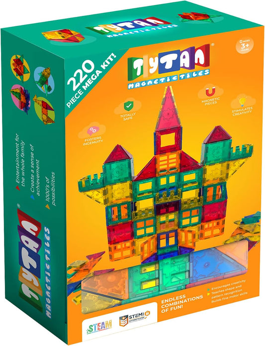 Large colorful magnetic tiles built into a castle and a rocket ship