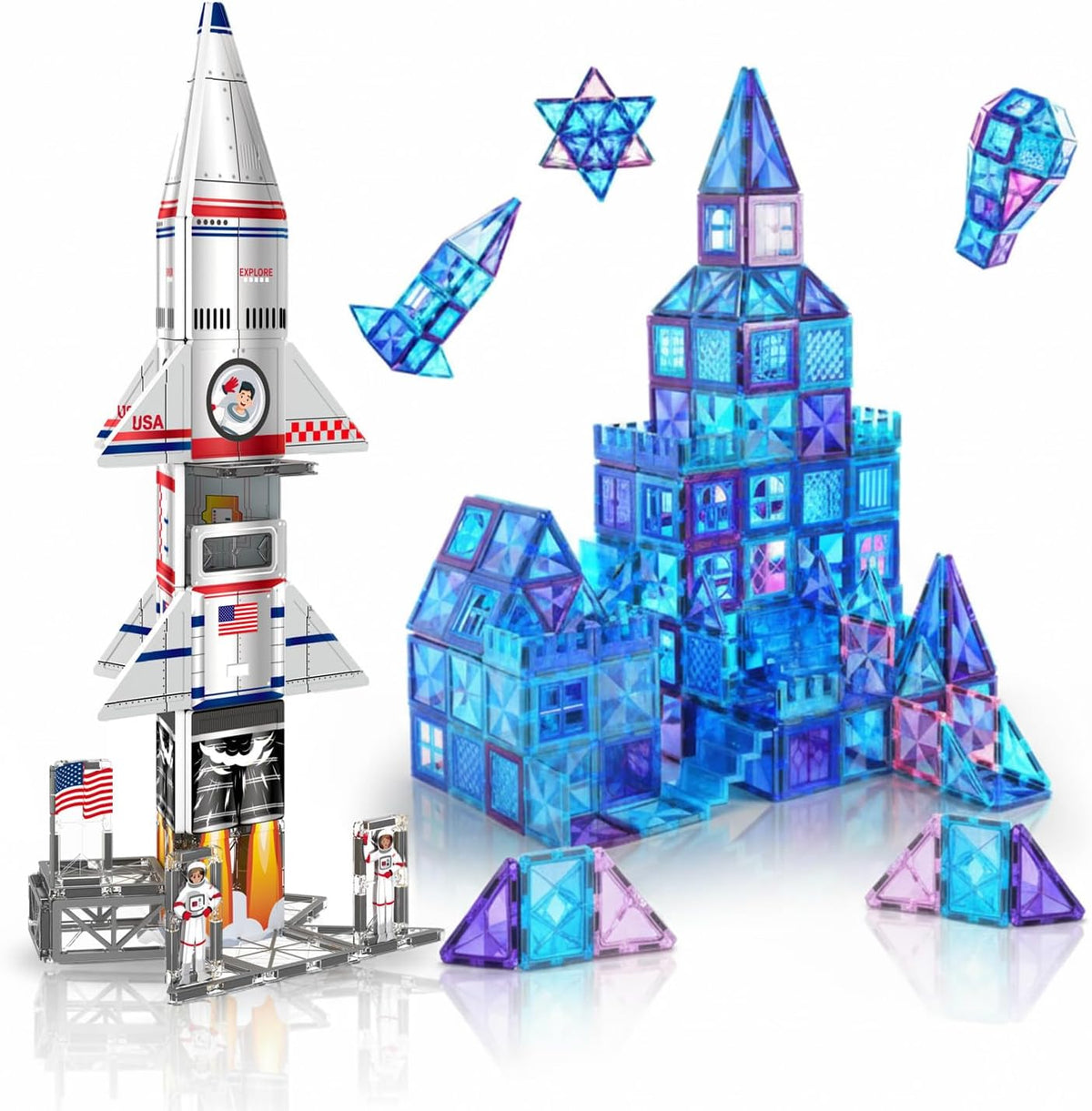 Diamond-textured magnetic blocks with space prints built into a rocket and tower