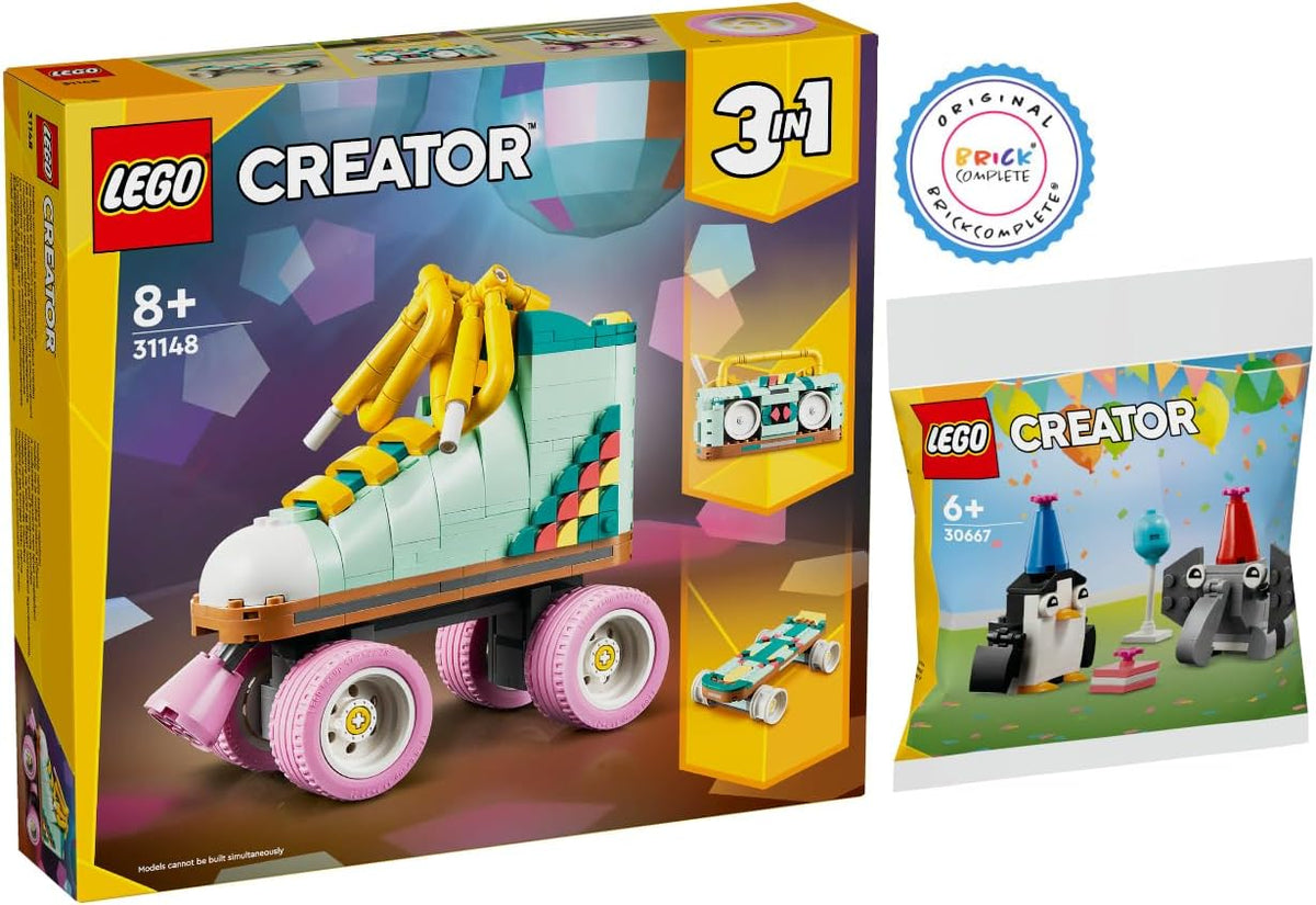 Brick-built retro roller skate with pink wheels and yellow laces beside a small animal party scene