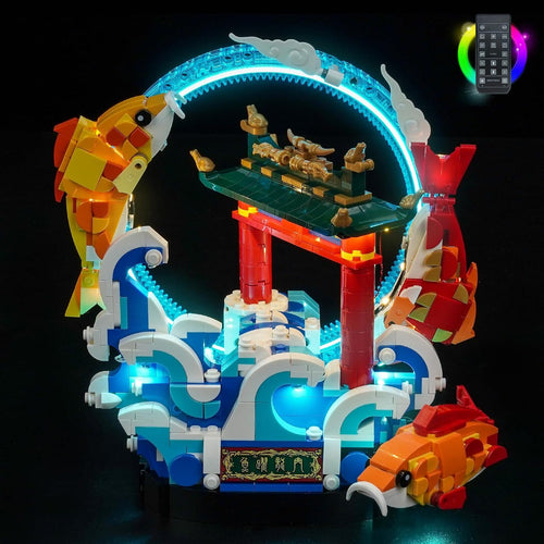 Brick-built leaping carp model lit by LED lights