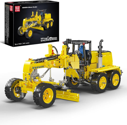Assembled 1:14 motor grader model with angled blade and articulated frame