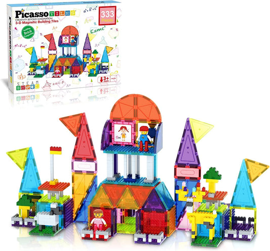 Colorful building bricks next to magnetic bricks, tiles and action figures