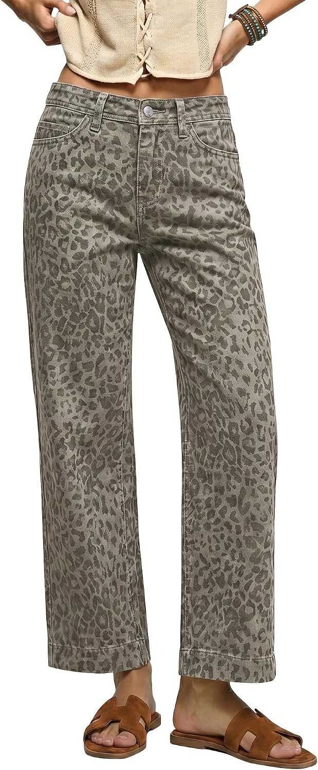 Women's Leopard Print Wide Leg Jeans - Ankle Length Stretch Denim with a High Waist for Fall Outfits - Small