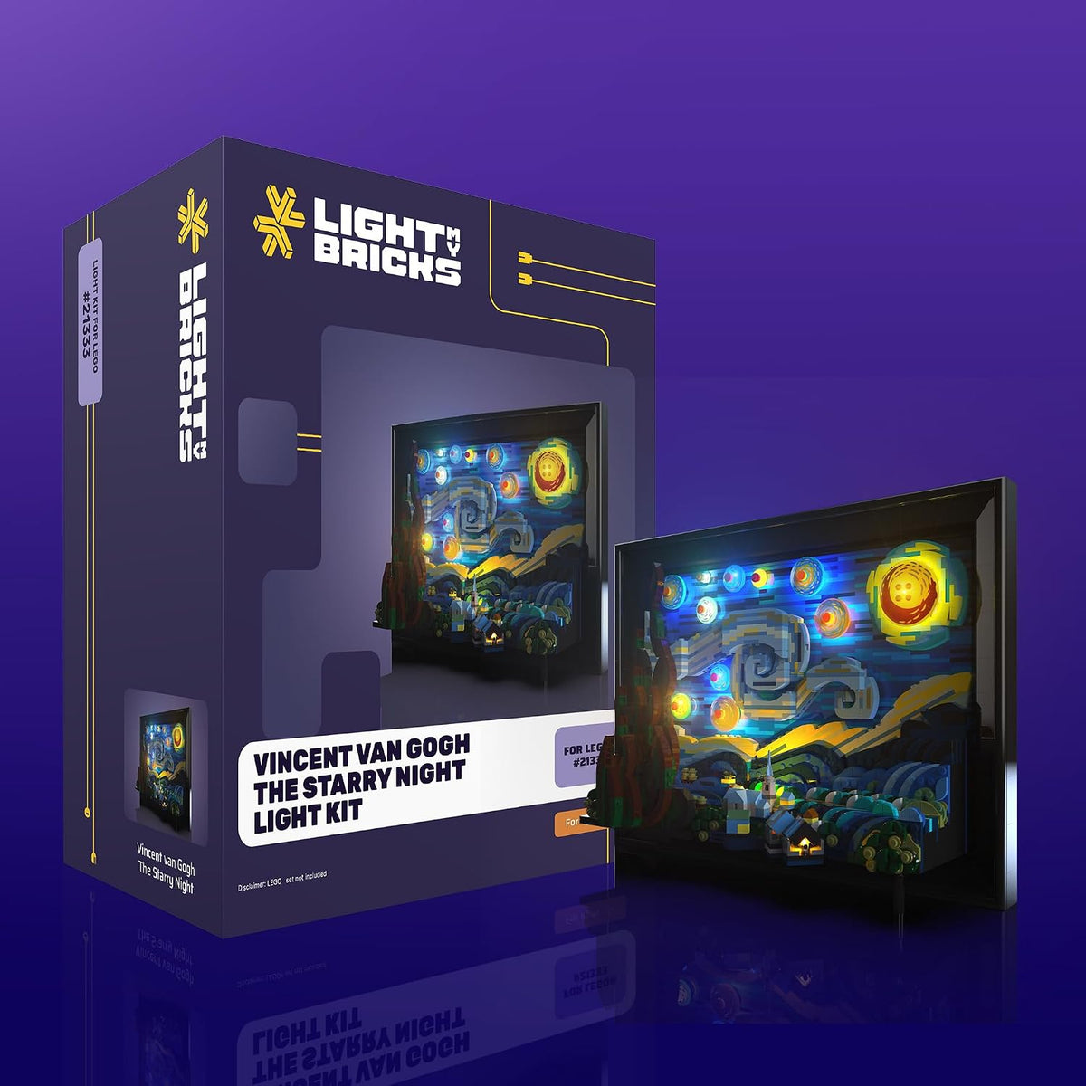 Brick-built Starry Night painting model lit by an LED light kit