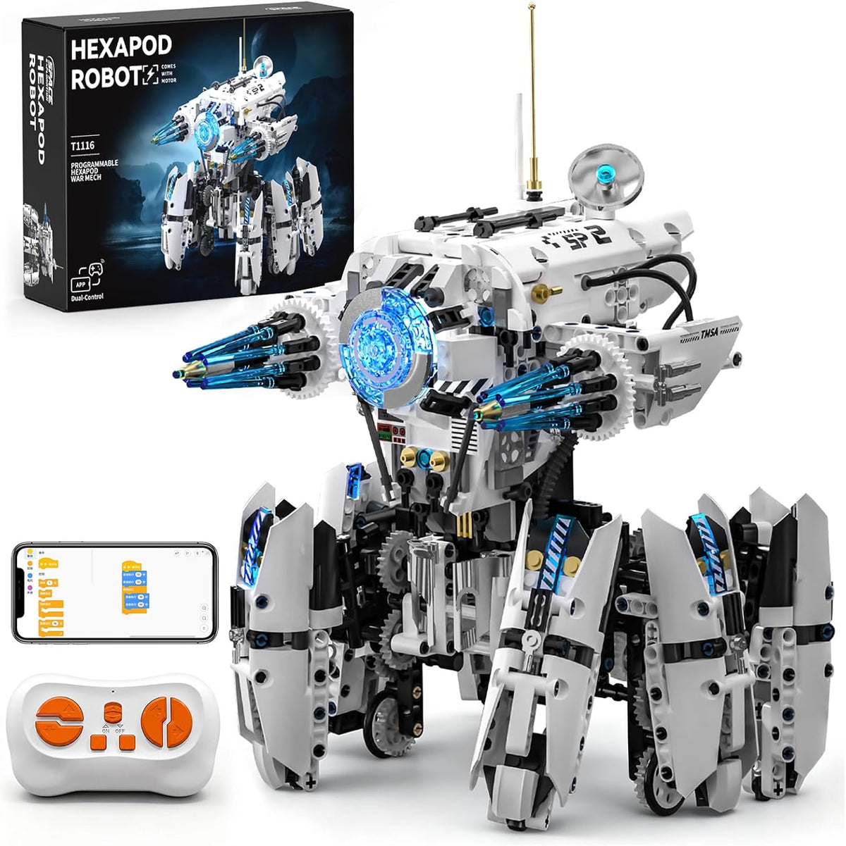 Brick-built six-legged sci-fi robot with lights and remote control