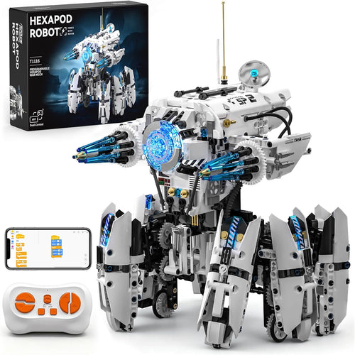 Brick-built six-legged sci-fi robot with lights and remote control