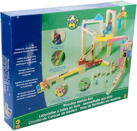Multi-level wooden marble run tower built from natural and colored blocks