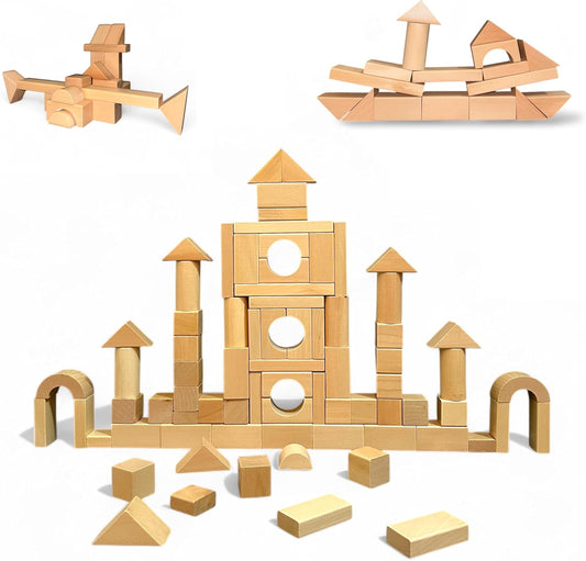 Natural wood building blocks beside a storage bucket with shape-sorter lid