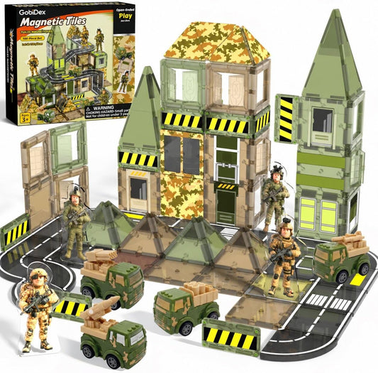 Magnetic tile army base with road pieces, soldier figures and trucks