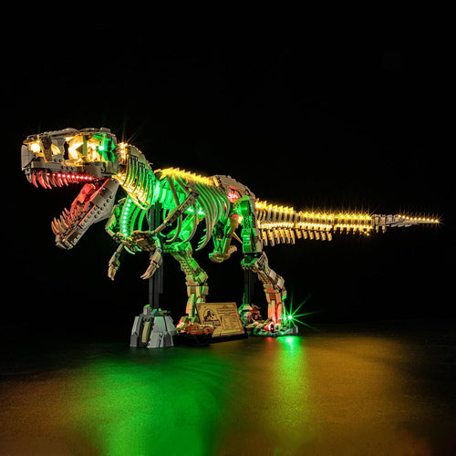 T. rex fossil skeleton brick model lit by LEDs