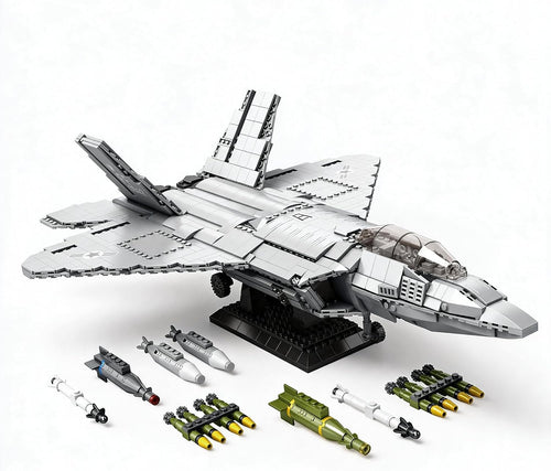 Grey brick-built F-22 stealth fighter jet model
