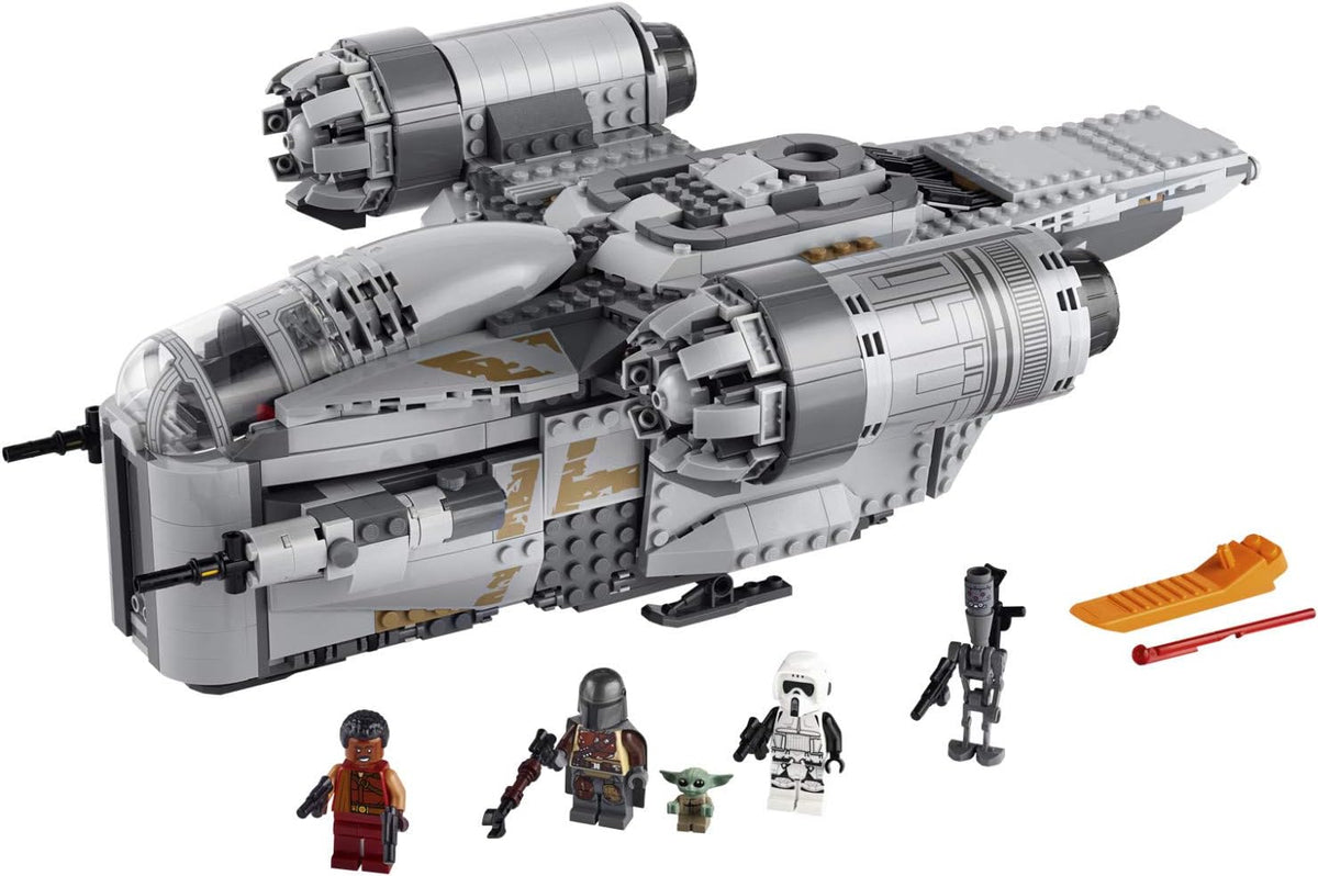 Grey brick-built bounty hunter gunship with open cargo ramps and figures beside it