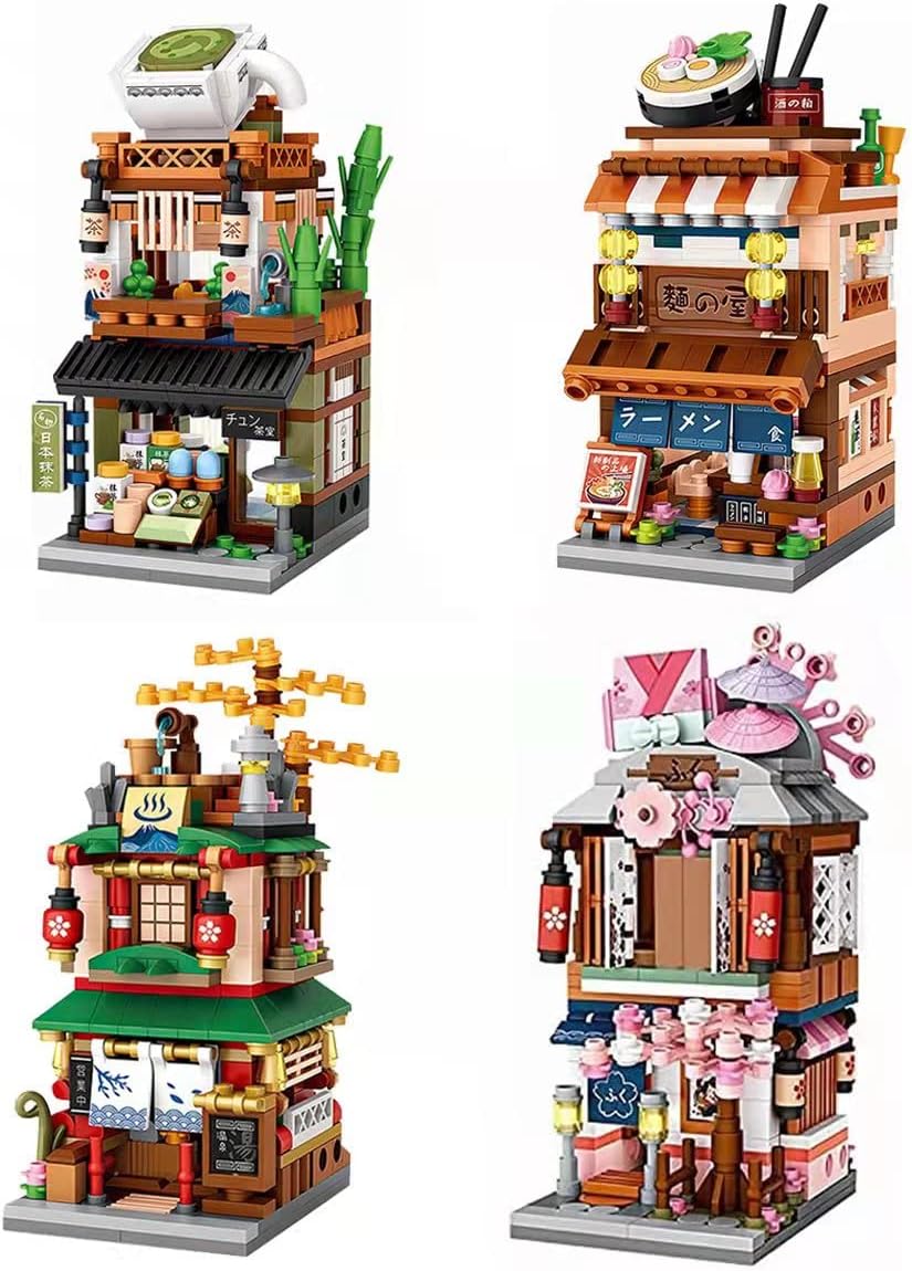 Four miniature brick-built Japanese street shops lined up with lanterns and signs – view 4