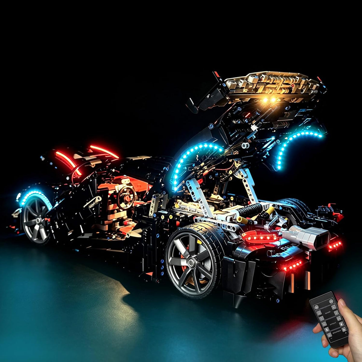 Large megacar brick model glowing with LED accent lights – view 2