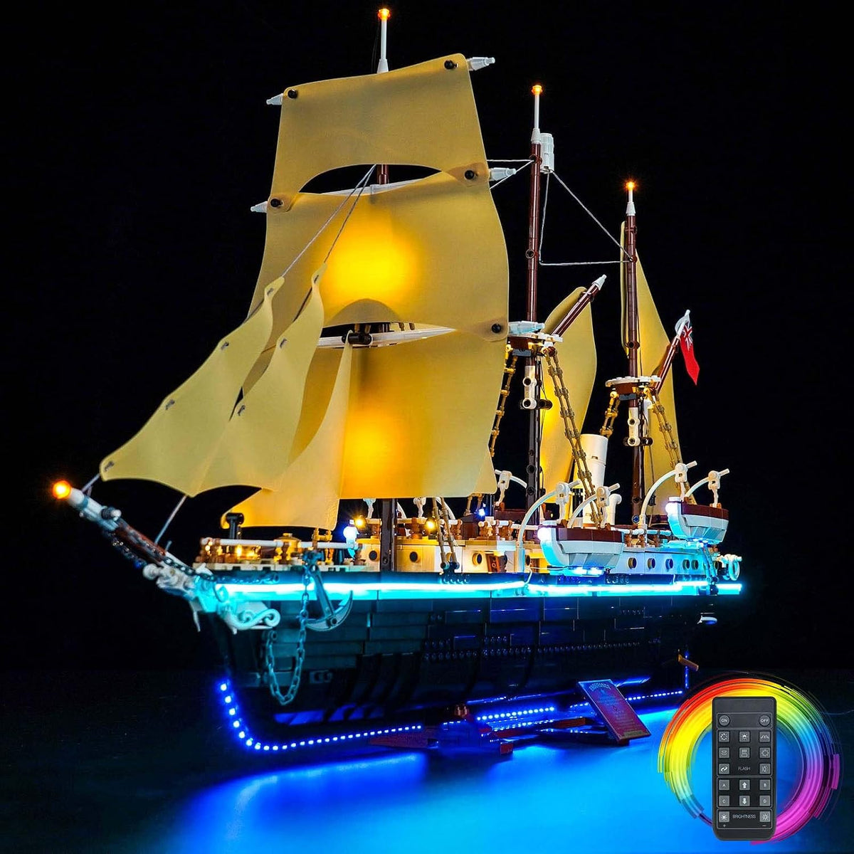 Polar expedition ship brick model lit with LED lights along deck and cabins