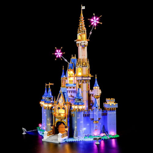 Fairytale castle brick model with towers lit by warm LED lights