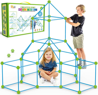 Child-sized fort made of rods and connector balls glowing green in a dark room – view 7