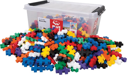 Tub of large colorful toddler building pieces with a simple build