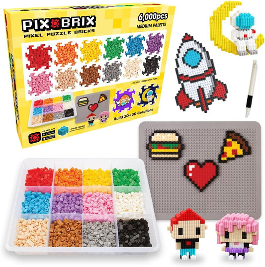 Container of colorful pixel bricks beside a finished pixel art picture