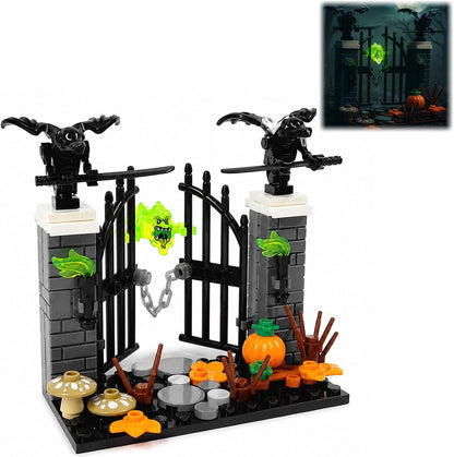 Brick-built Halloween graveyard with gates, tombstones, ghosts and pumpkins – view 5