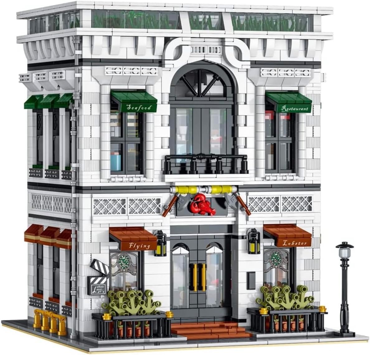 Built three-level lighted seafood restaurant corner building with rooftop terrace