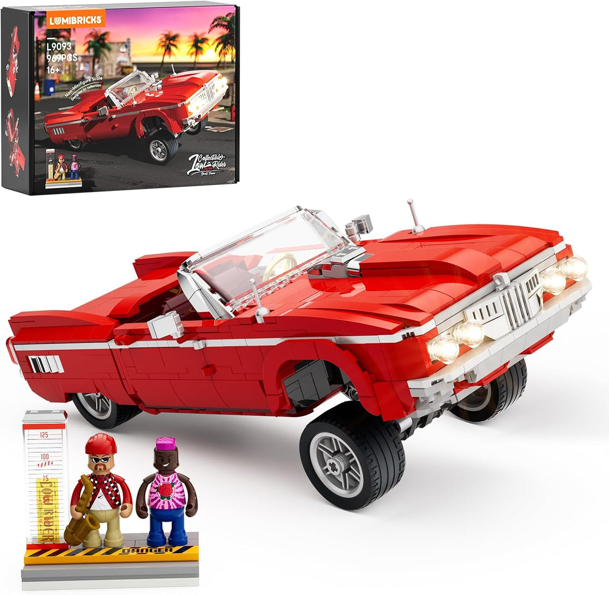 Brick-built red lowrider car with glowing lights on a street-scene base