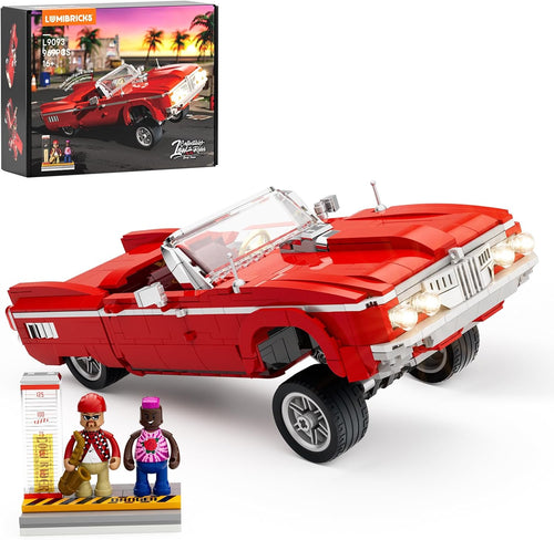 Brick-built red lowrider car with glowing lights on a street-scene base
