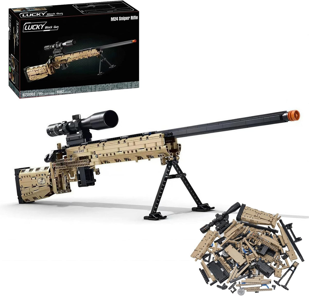 Full-size brick-built sniper rifle model displayed on a stand – view 4