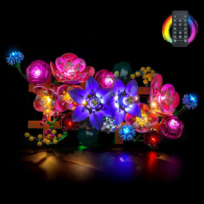 Brick flower wall panel with colorful blooms lit by small LED lights