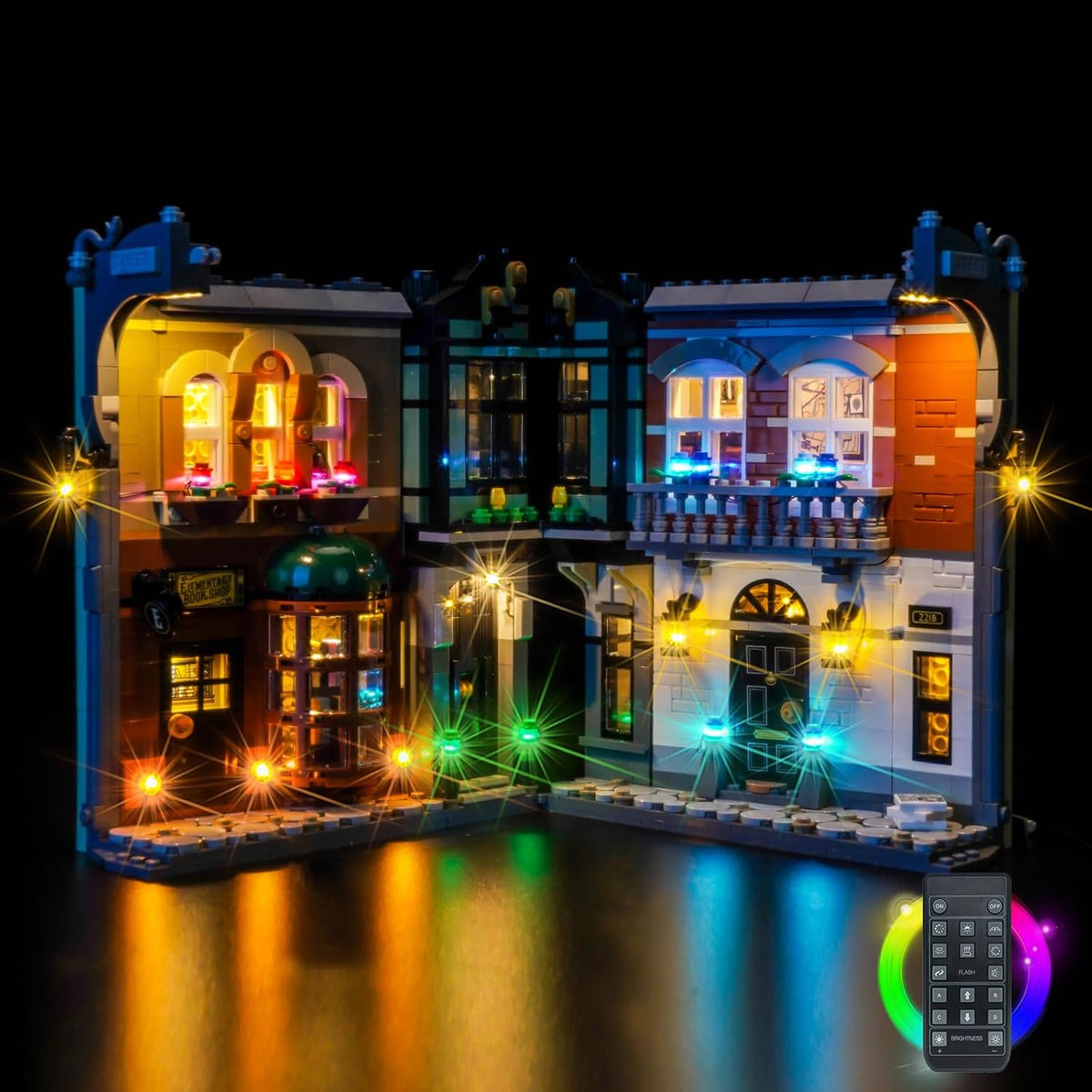 Victorian street book nook brick model lit by LED lights between books