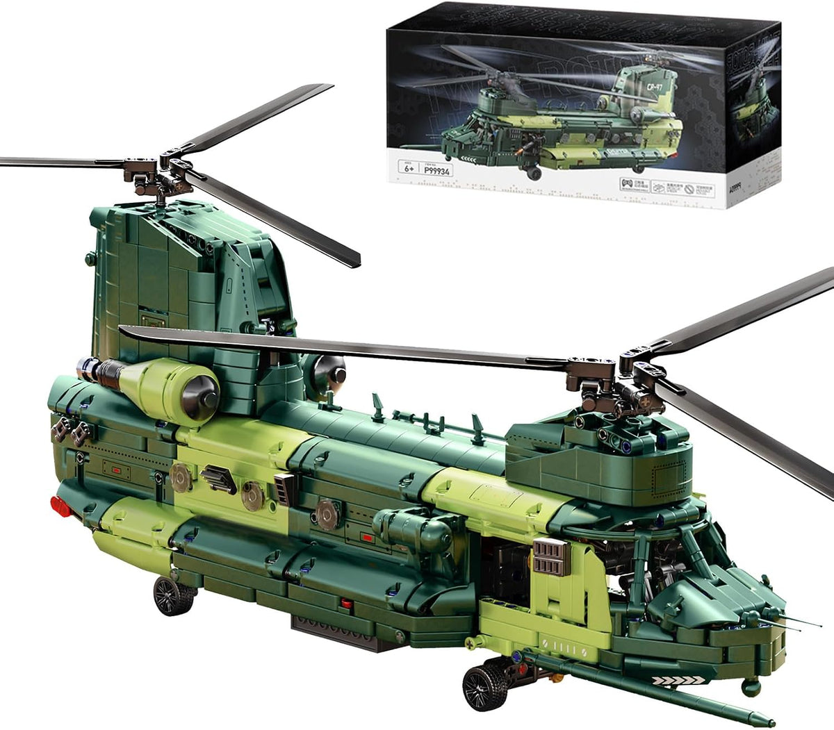 Green twin-rotor military transport helicopter brick model with open rear cargo ramp