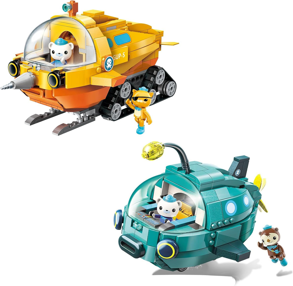Two brick underwater exploration subs with animal crew figures