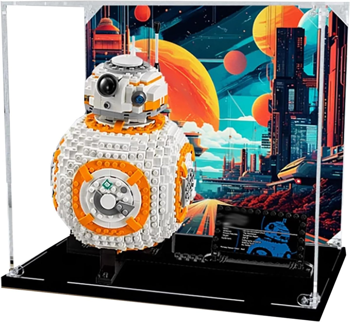 Clear acrylic display case on a black base holding a round rolling robot brick model