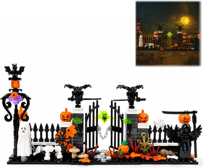 Brick-built Halloween graveyard with gates, tombstones, ghosts and pumpkins – view 4