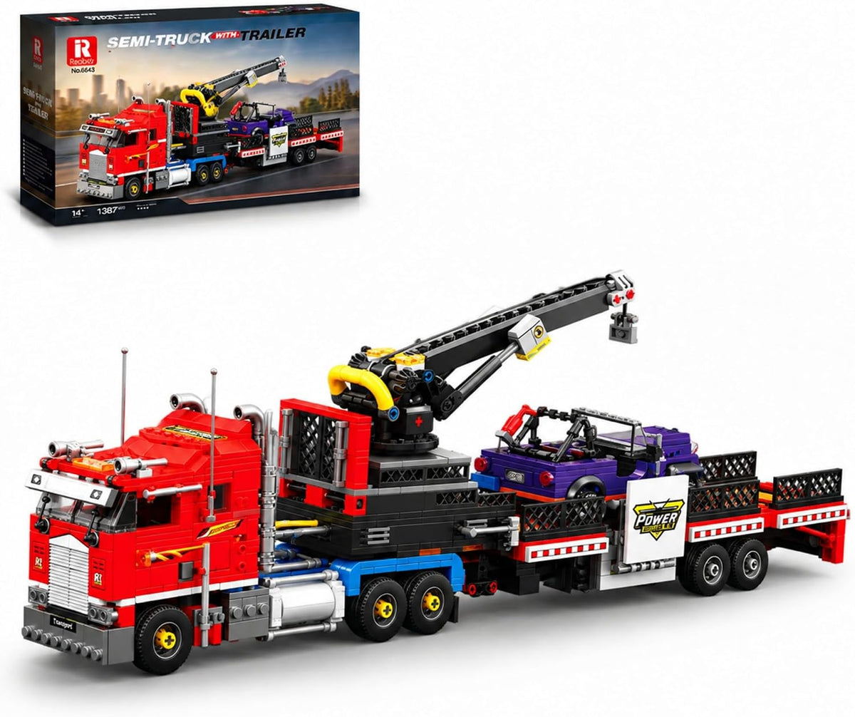 Brick-built heavy semi truck cab pulling a long trailer