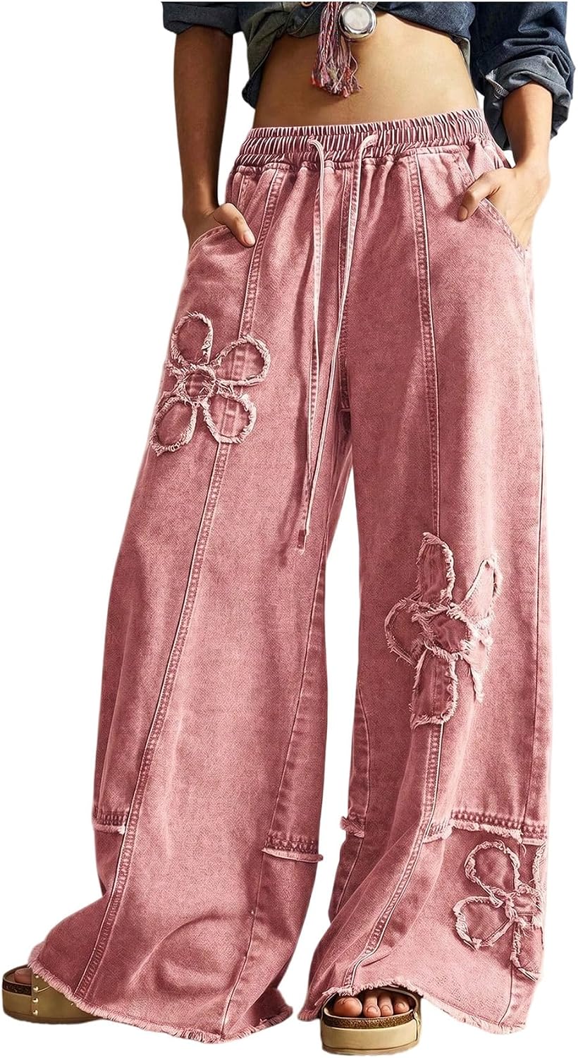 Women's Floral Baggy Wide Leg Jeans - Low Rise Denim Boho Pants with Drawstring Elastic Waist - Small