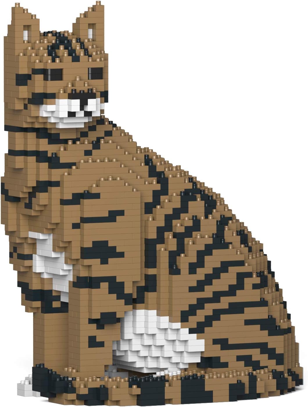 Finished black and white cat sculpture built from interlocking plastic bricks – view 3