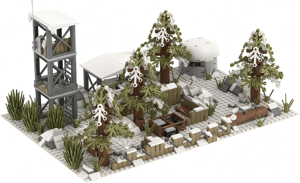 Brick-built snowy WWII military base with bunkers and corner watchtower